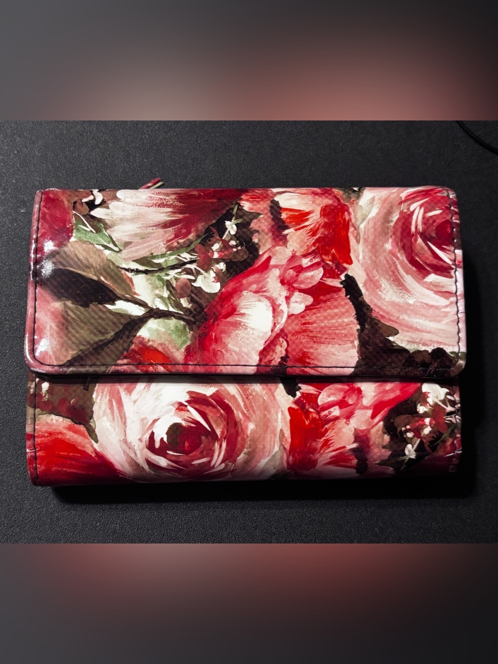 Floral Foldover Clutch Wallet - Red Pink Rose Print READ DAMAGE See Photos